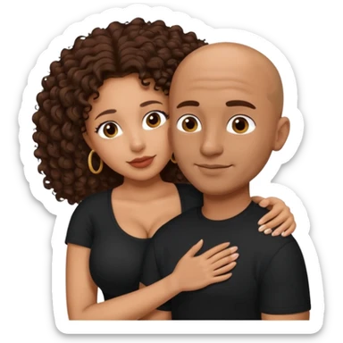 A mixed girl, the girl is wearing a black shirt, the girl has brown curly hair  and the girl has big boobs. A Mexican man is embracing her, with bald hair and clean shaven sticker