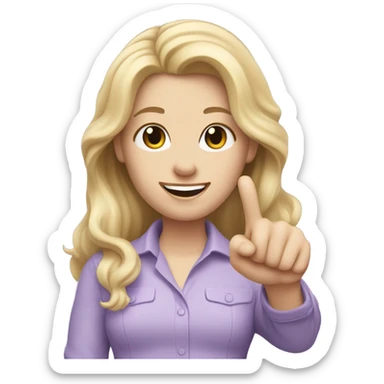 Woman, white skin, pale skin, long hair, blonde hair, wavy hair, lavender shirt, holding two thumbs up sticker