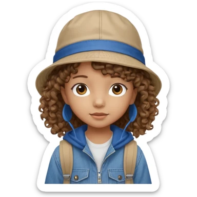 A little girl student curly brown hair, with jean bucket hat, beige jacket, blue backpack sticker