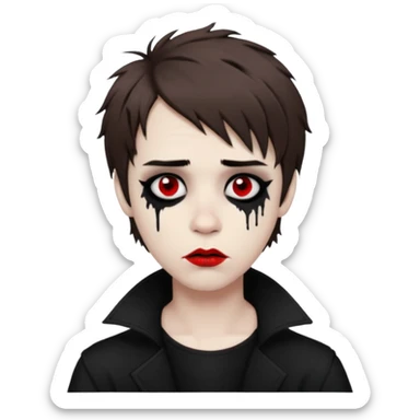 Happy pale Goth boy with shaggy brown hair, and messy black eyeliner , smudged, red, lipstick  sticker