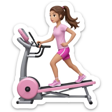girl with wavy long ponytail brown hair, brown eyes, light to medium complexion, long lashes, light pink lipstick, wearing light pink shirt, on a stairstepper workout machine sticker