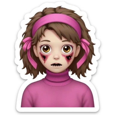 brown fluffy haired zombie with pink turtleneck sweater and hair band sticker