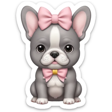 Gray French bulldog puppy with white belly, with pale pink bow sticker