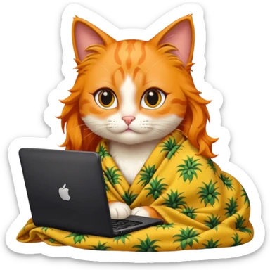 An orange female cat with a computer, with long eyelashes and black wavy hair,
She wears a blanket with pineapple patterns on her body sticker