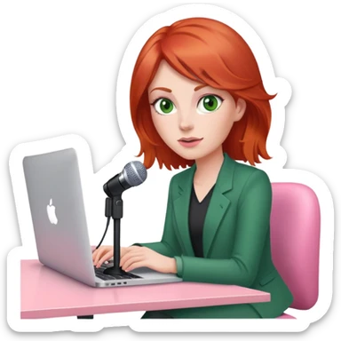 Red head green eyed woman sat at desk with MacBook, microphone and iPhone sat on a pink desk chair  sticker