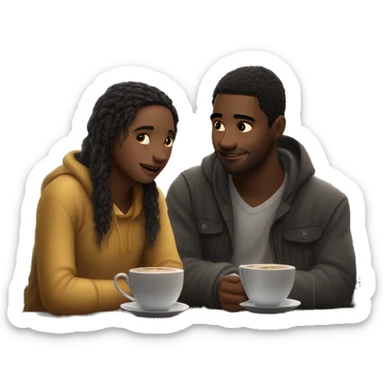 Picture two soulmates in a cozy café, rain tapping on the window. They’re having a heartfelt conversation, sharing their deepest secrets, and their eyes reflect mutual understanding and warmth. sticker