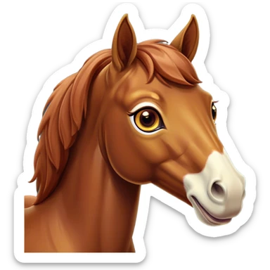 Cinematic Comical Chestnut Horse Portrait Emoji, Head tilted dramatically with an exaggeratedly amused expression, featuring a striking chestnut fur with a glossy finish and wide, expressive amber eyes filled with playful disbelief, Simplified yet hilariously expressive features, highly detailed, glowing with a slightly sassy glow, high shine, dramatic yet playful, stylized with an air of cheeky mischief, bright and endearing, soft glowing outline, capturing the essence of a spirited and over-the-top horse, so meme-worthy it feels like it could side-eye its way into internet fame instantly! sticker