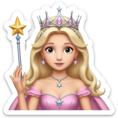 glinda the good witch from wicked movie (ariana grande) blonde hair, beautiful, big silver thin tiara, star wand, pink gown sticker