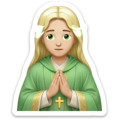a young bishop, green eyes, long blonde hair, light green wide, flowing outer robe. hands clasped together, eys closed. Soft light, subtle fern. Waist-up, profile. sticker