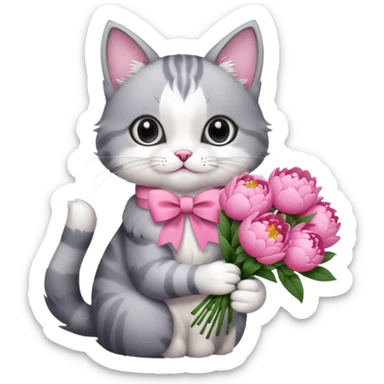 Cute cat Handing pink peonies like reaching a hand and handing them out a bouquet of them not a physical hand the cats hand  make the cat fluffy and grey and white fluffier make the cat wear a pink coquette make her wear a pink coquette sticker