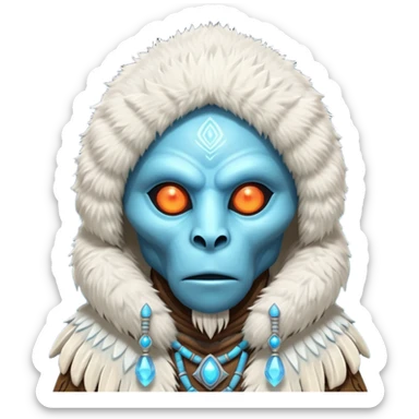 ancient arctic alien shaman portrait, head and shoulders only, Inuit-inspired fur hood, carved bone ornaments, glowing cosmic eyes, icy alien skin, spiritual sci-fi vibe, 3D cartoon, mobile game icon style, clean background, no text, no watermark


 sticker