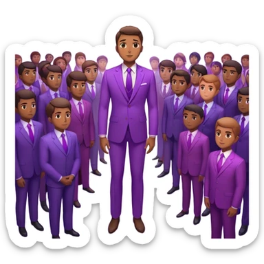 A charismatic person standing confidently in the center of a room, radiating a violet warm bright aura glow, he is calm with a lot of people around sticker