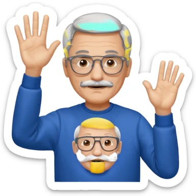 60 yr man partial gray hair parted in center, mustache, light glasses, sweatshirt waving hello sticker