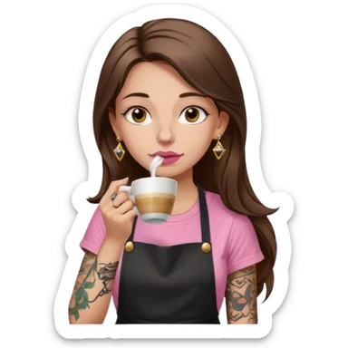 Fille cheveux long châtain, peau beige type européen, teeshirt rose avec un tablier noir, piercing au nez anneau doré, boucle d’oreille diamant doré. Elle boit un café. tatouage à la gorge  sticker
