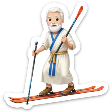 Old man white hair white beard wearing white toga robe on skis with mountains sticker