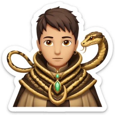 desert sand mage portrait, head and shoulders only, serpent-patterned cloak collar, snake charm necklace, sand vortex around shoulders, glowing amber eyes, 3D cartoon, mobile game icon style, clean background, no text, no watermark
 sticker