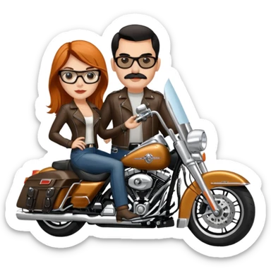 Un couple de biker sur une harley road king noire, l'homme sans moustache et une paire de lunettes demetz ros21, la fille a des cheveux plus dans les tons chatain sticker