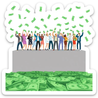 patrons shake stacks of dollar bills from on high, letting the green paper fall in the air to the floor below sticker