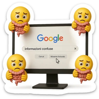 SCHERMO DI PC CON LA SCRITTA "informazioni confuse" SULLA BARRA DI RICERCA GOOGLE SULLO SCHERMO E IL CLICK DEL MOUSE SULLA SCRITTA CERCA, stile emoji iphone fluttuano in aria stringendo in mano un pezzo di colon intestinale, iperrealistico 4k sticker