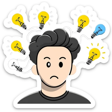 Person with a chaotic mind, swirling tornado of tangled thoughts around their head, containing question marks, light bulbs, and scribbles. The person has a bewildered, overwhelmed expression. sticker