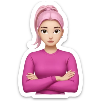 Character: Go-getter, confident, intelligent, composed
Emoji Look:

Light gray eyes, very noticeable

Well-shaped eyebrows, strong appearance

Upper ponytail

Street fashion look
Fair skin with a pink undertone

Arms crossed pose
Feeling: Girl Boss, cool beauty, minimal but powerful sticker