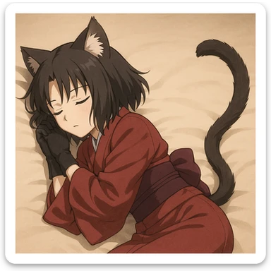 Ryougi Shiki with cat ears and cat tail, sleeping peacefully, signature outfit sticker