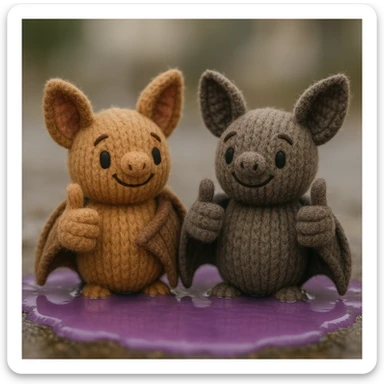 two knitted toy fruit bats giving a thumbs-up, sitting in a puddle of purple liquid, plush portrait style sticker