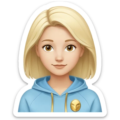 Caucasian female with oval face, light blonde hair with side part, serene smile, light blue sporty hoodie with gold and white fantasy details sticker