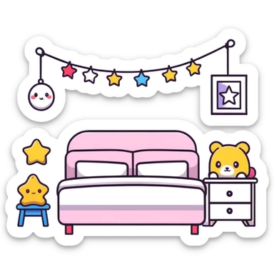 small cute bedroom with kawaii decor, stuffed animals, heart-shaped pillows, star garland sticker
