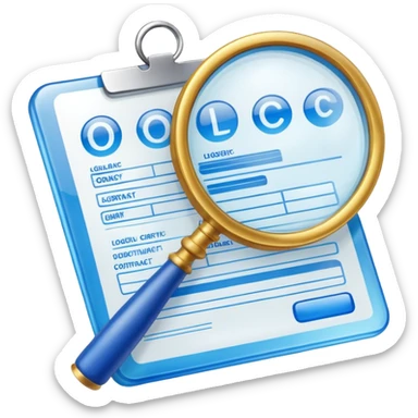 create a realistic emoji showing a logistic contract with a magnifying glass with color blue and white glassy style sticker