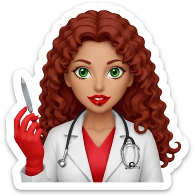 Lilith symbol sexy evil woman. She has green eyes.  had brown long curly hair.  evil surgeon kills with scalpel wears red sexy doctor coat with red mouth cover red gloves. Covers nose, neck  and mouth with Muslim red berka sticker
