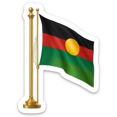 Flag with a horizontal tricolour of red, black, and green, charged with a golden rising sun over a golden bar sticker