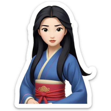 Cinematic Realistic Mulan Portrait, depicted with lifelike skin texture, soft natural lighting, and intricately detailed long black hair styled elegantly. Her deep, expressive eyes exude determination and grace, complemented by a serene yet confident expression. She is dressed in her classic attire, with rich fabric textures and delicate folds that catch the light beautifully. The portrait features a soft, enchanting glow with a natural, radiant finish, capturing the essence of timeless strength and beauty in a realistic and painterly style, evoking a sense of depth and authenticity. sticker