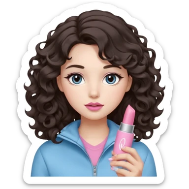 A girl with soft loose wavy curls (not tight), dark brown hair with natural volume, round-almond Douyin-style eyes with long curled lashes, cool-tone neutral makeup. She’s wearing a light-blue athletic outfit and holding a normal-size pink lipstick in one hand.. sticker