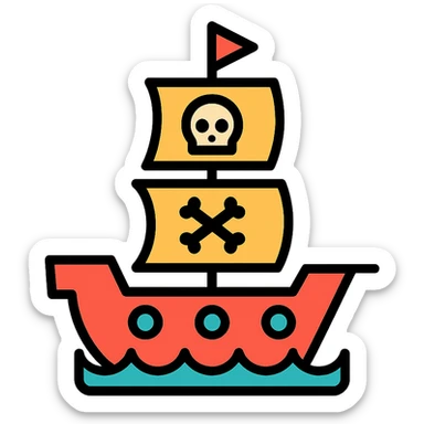 pirate ship, color outline icon, playful colors, black outlines, modern icon style sticker