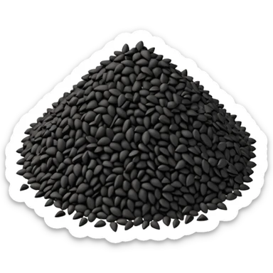 small scattered heap of tiny matte black seeds with irregular triangular shapes and slightly rough texture, loose organic pile with a few seeds dispersed around the base, no bowl or extras, apple emoji style, soft lighting, subtle shadows, transparent background, emoji scale sticker
