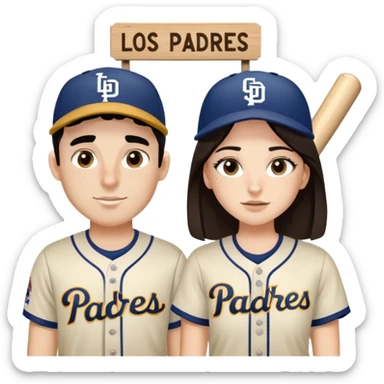 Couple in a game with brunette hair but white skin. They are girlfriend and boyfriend. Not sibling. Girl has medium cheeks and freckles on the nose. The boy has black hair and prominent eyebrows with egipcian nose. Both are wearing “Los Padres” baseball jerseys and with a sign that says “Go Padres” sticker