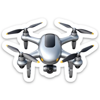 A futuristic drone emoji made of polished silver chrome, smooth rounded body, minimal propellers, reflective metallic surface, soft studio lighting, iOS emoji style, centered, clean white background sticker
