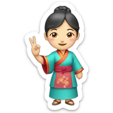 Chinese middle aged lady wear Chinese traditional dress  with a sign of agreeable and peace gesture sticker