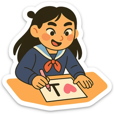 Kazakh girl in Korean school uniform, drawing a T with a heart on paper in pastel toon style sticker