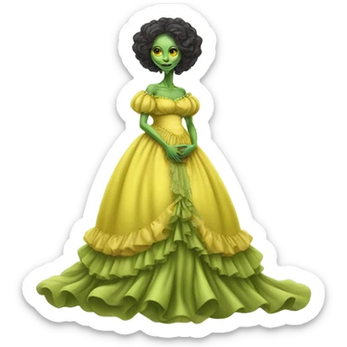 Pregnant green alien woman, full body, in victorian jellow elegant dress sticker