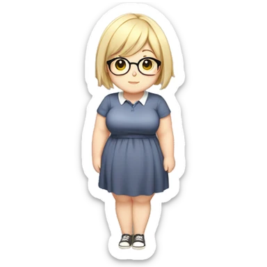 Chubby anime girl with glasses and short blond hair, full body wearing cute dress sticker