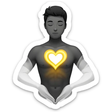 minimalist b&w male silhouette with flowing black-and-white curves across the lower body, now overlaid with a small, softly glowing spark or radiant light near the chest or head — heart symbolizing inspiration, inner fire, and creative energy awakening” yellow glow sticker