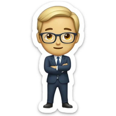 I'd like an icon of a man in his early 30s, dressed as a salaryman, standing and bowing. He should be wearing a navy suit, a red tie, and a white shirt, and he should have glasses on. sticker