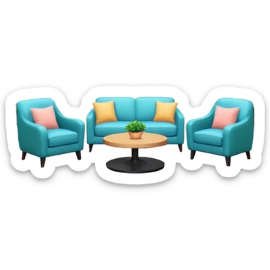 Morning entertainment TV studio, cozy talk show set with armchairs and couch with people, LED screen behind, warm pastel colors, green and blue lighting panels, festive decorations, friendly daytime TV atmosphere, realistic broadcast studio, no branding. sticker