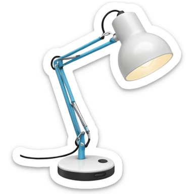 A small white desk lamp with a round base and a flexible, jointed neck. It leans forward playfully, like it’s alive, with a big circular light as its “head.” Iconic and full of character. sticker