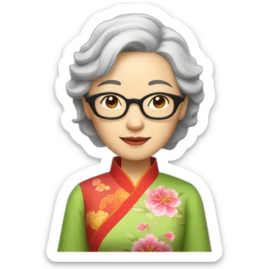 Chinese lady with very lightly grey hair to shoulder length wear glasses wear Chinese colourful dress sticker