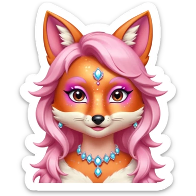 glamorous fox portrait, head and shoulders only, exaggerated pink makeup, bright eyeshadow, long eyelashes, shiny blush cheeks, sparkling face gems, glitter accents, elegant earrings, fantasy beauty style, cute 3D cartoon, mobile game icon style, clean background, no text, no watermark
 sticker