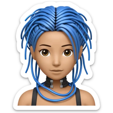 3D render of Wire Hair, futuristic cyborg aesthetic, fusion of organic skin and chrome metal, bundle of black and blue ethernet cables styled like hair, emoji style, isolated on white background --v 6.0. sticker