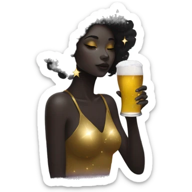 Ethereal galactic Girl wearing black and gold sat on a nebula galaxy drinking beer surrounded by golden stars and planets sticker